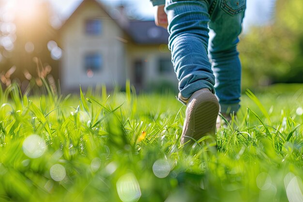 A small child walks in lush green grass toward a home capturing a moment of childhood exploration and discovery in nature