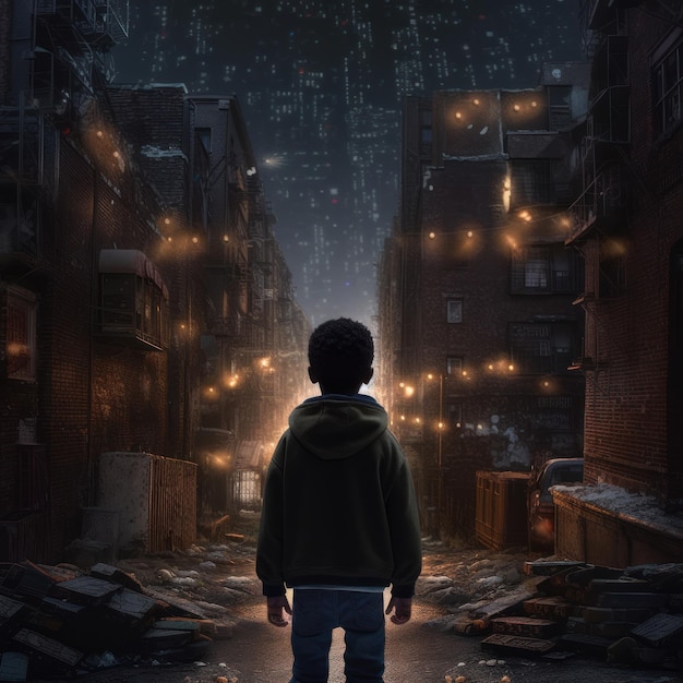 A small child walks through an abandoned city at night Generative AI
