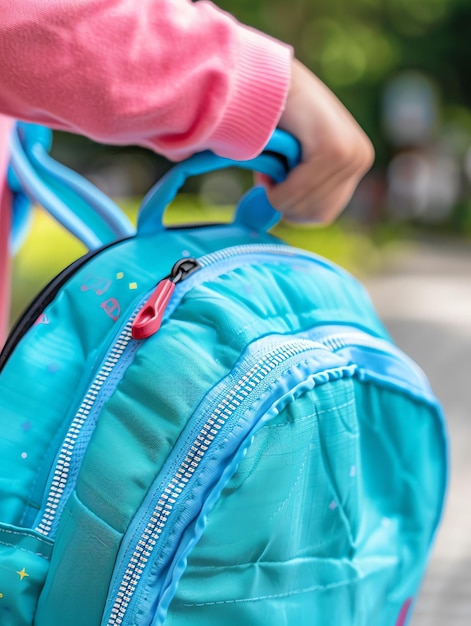 Photo a small child wearing or holding school backpack with a zipper walking down a street back to school