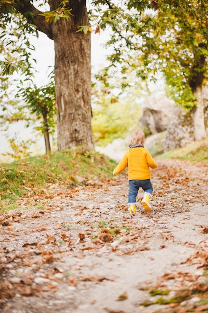 写真 並んで森の小道を歩いている黄色いレインブーツを着ている小さな子供