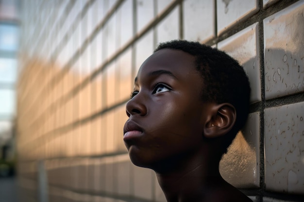 A small child with a pensive expression on his face near a brick wall