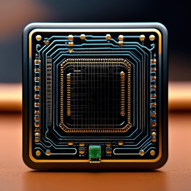 A small chip on the black and blue circuit board