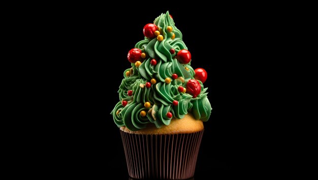 黒い背景の小さなクリスマスツリーカップケーキ