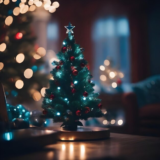 Photo small christmas tree for mokap blurred background