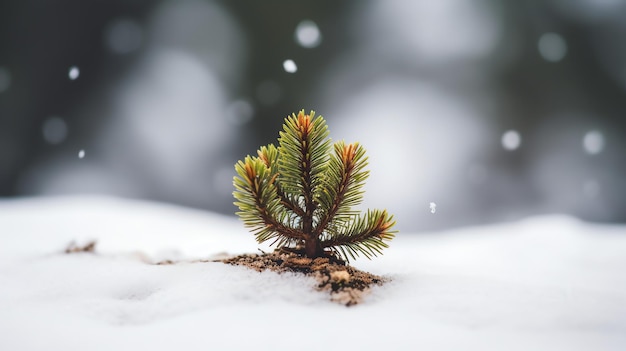 Small christmas tree sitting in the snow