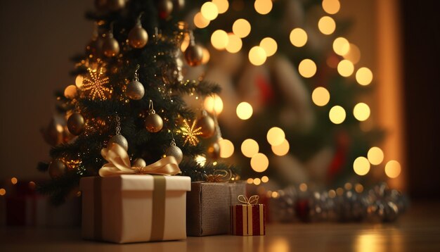 Small Christmas tree on wooden table with gifts and decoration, blurred background, Generative ai