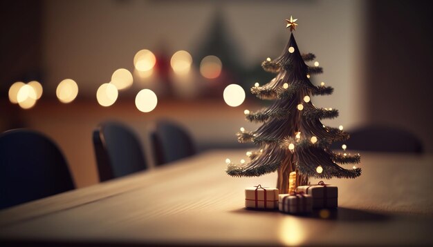 Small Christmas tree on wooden table with gifts and decoration, blurred background, Generative ai