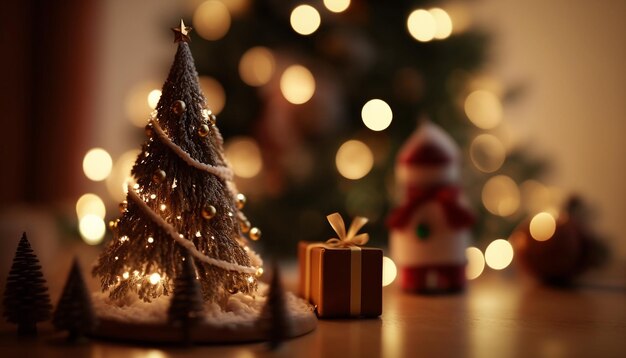 Small Christmas tree on wooden table with gifts and decoration, blurred background, Generative ai