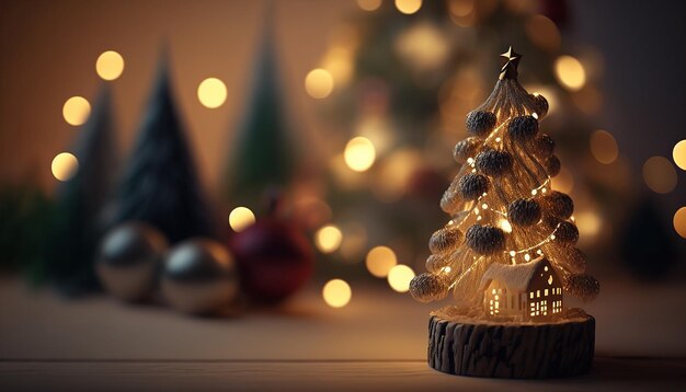 Small Christmas tree on wooden table with gifts and decoration, blurred background, Generative ai