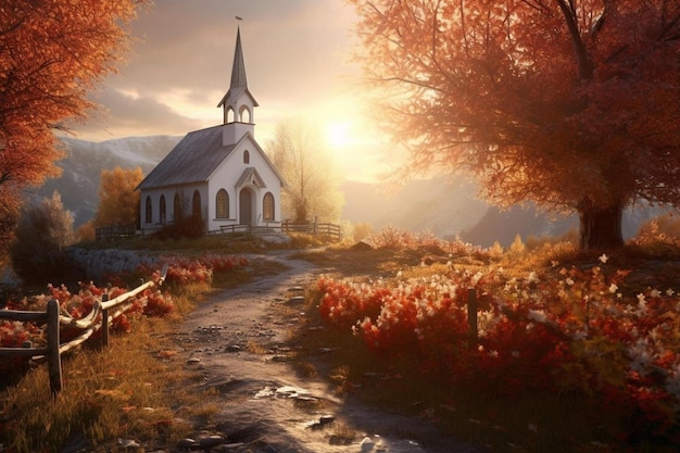 a small church in the mountains with a sunset in the background.