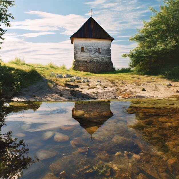 A small church with a small water hole in the ground