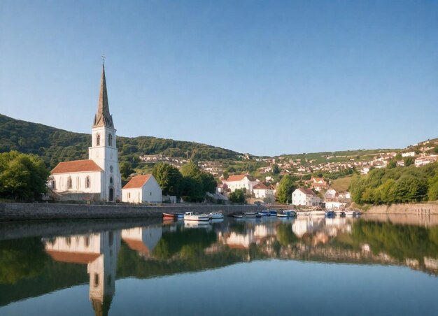 Photo a small church with a steeple sits on a lake