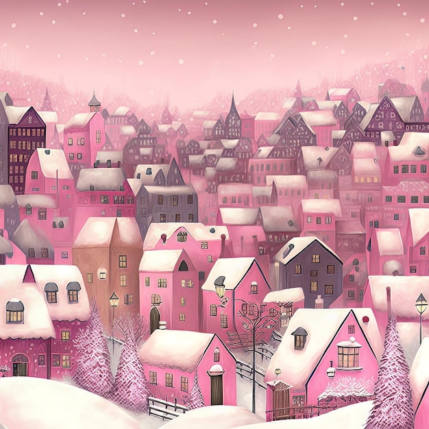 Маленький город, покрытый снегом Рождественская иллюстрация Рождественская иллюстрация города для поздравительной открытки Розовые окрашенные дома, покрытые снегом в маленьком городе