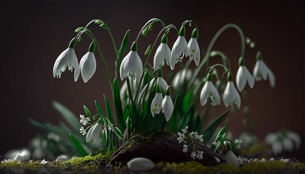 A small collection of snowdrops in a mossy rock.