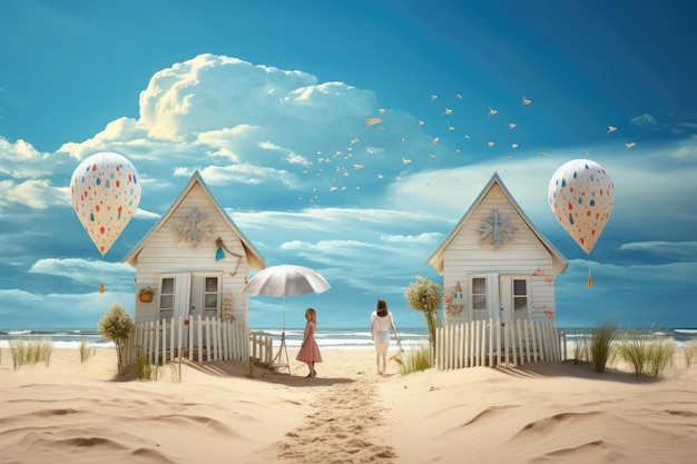 해변에 있는 작고 다채로운 비치 하우스 바다 근처의 모래 해변에 있는 색색의 오두막 여름 휴가 개념 Create with Generative AI