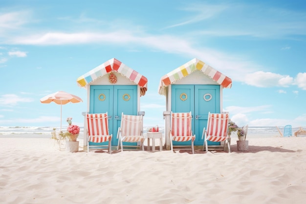 Small colorful beach houses on seashore Colored huts on sand beach near ocean Summer holidays concept Created with Generative AI