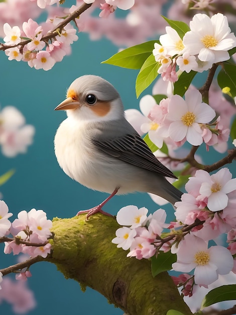 Photo a small colorful bird sitting on the flower tree ai image