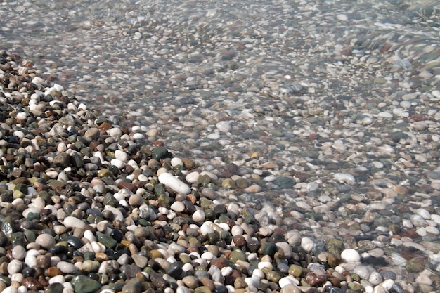 小さなカラフルな小石と水 浜辺は小石でできている 海岸は水の中の小さな色の小石