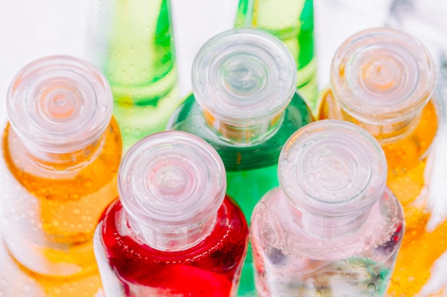 Small colorful plastic bottles of shampoo