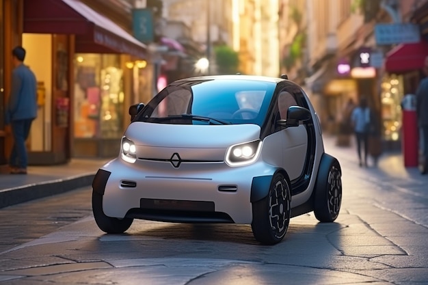 Small Compact Electric Car Navigating City Streets Created with Generative AI