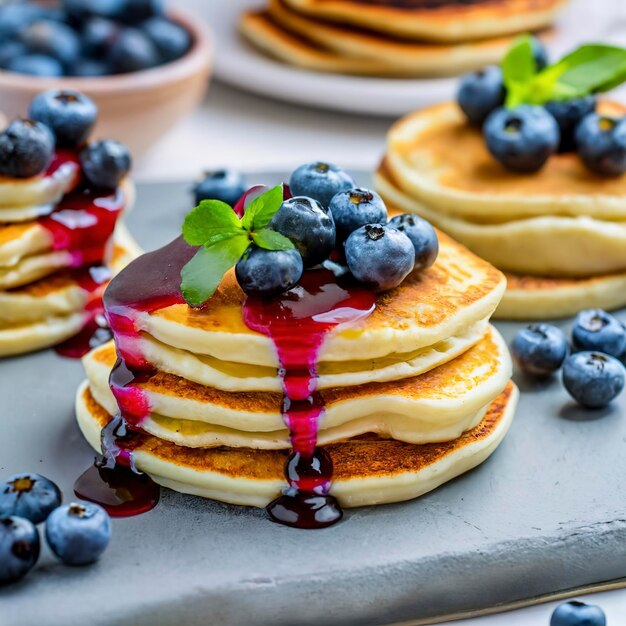 Small cottage cheese pancakes with blueberry sauce