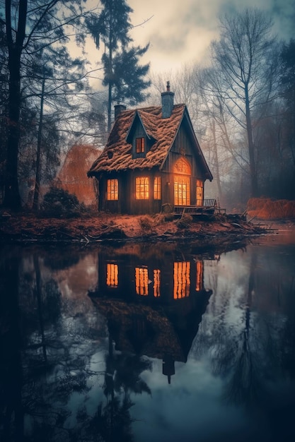 A small cottage next to a lake in the forest