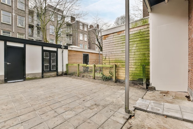 A small courtyard with a tiled floor