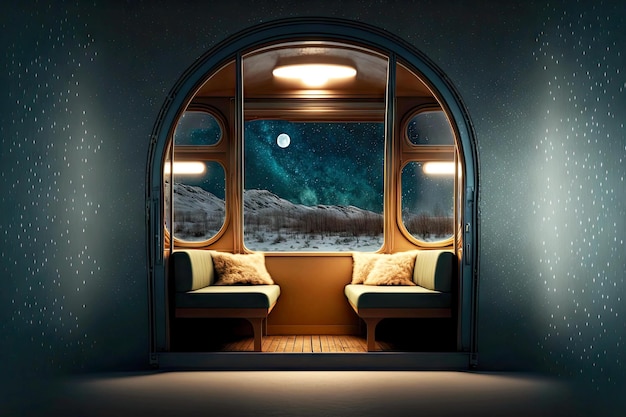 Small cozy compartment in Polar Express Train and winter view outside window