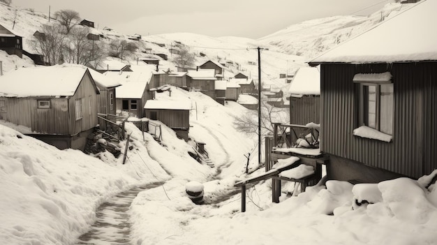 Photo a small cozy homely house in a village in the distance surrounded by a snowcovered landscape of bea