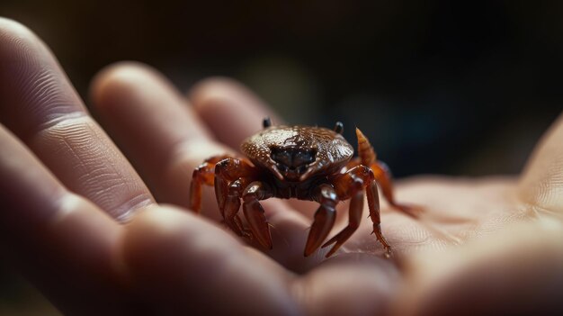 A small crab is held in a hand.