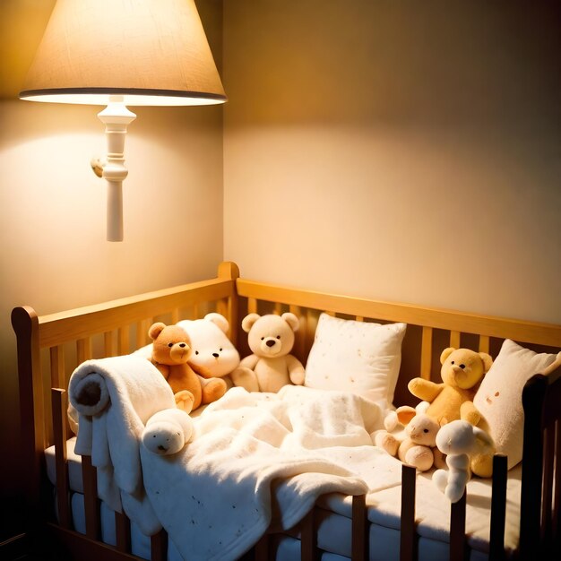 a small crib with a teddy bear and a blanket on it