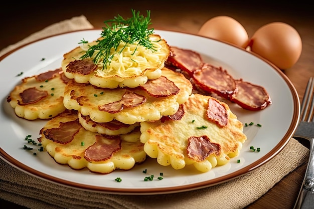 Small crispy potato pancakes with fried sausage cut into pieces