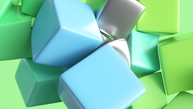 Piccoli cuscini a cubo si affollano al centro e si attaccano l'un l'altro figure geometriche colore blu metallizzato verde