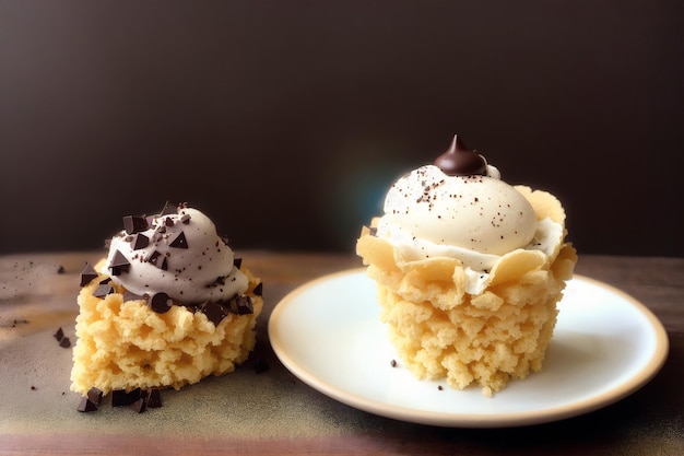 A small cupcake with a scoop of ice cream on top of it.