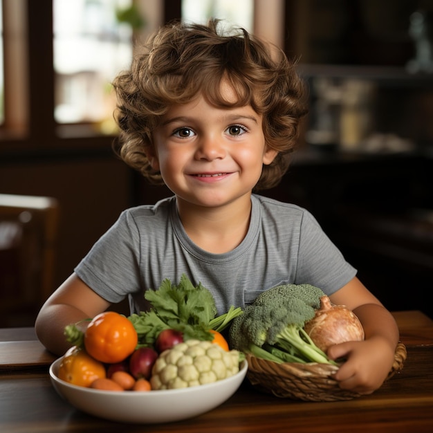 Small curlyhaired boy holding a basket of vegetables