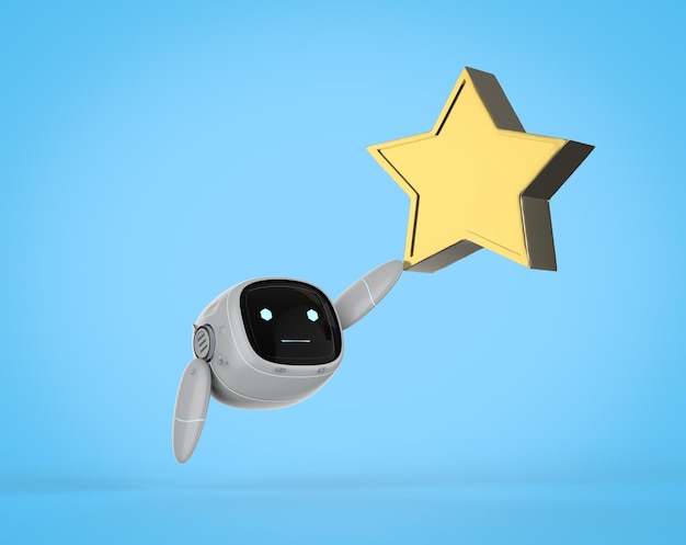 Small and cute assistant robot holding golden star trophy