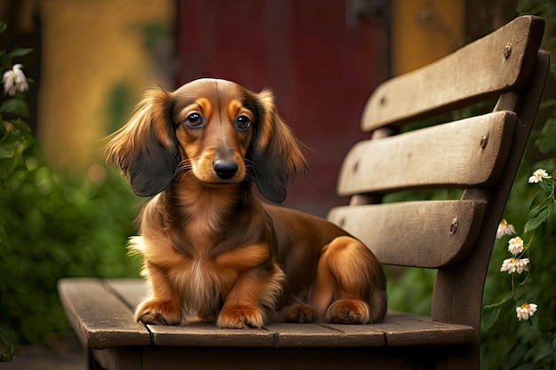 Small cute dachshund dog sitting on bench outside house generative ai illustration