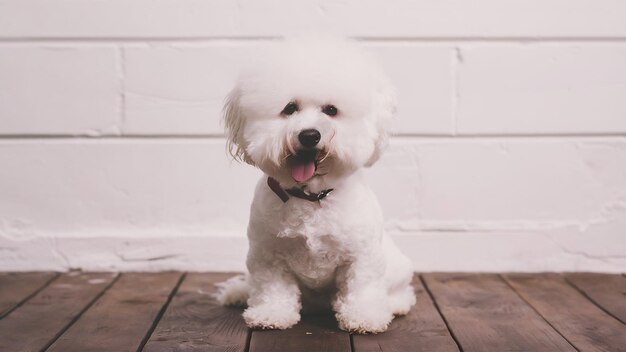 写真 白い壁の上に孤立してポーズをとっている可愛い小さな犬のビチョンフライス