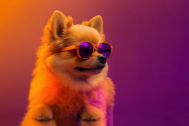 Small cute dog in sunglasses neon background Pop art style portrait Generative AI