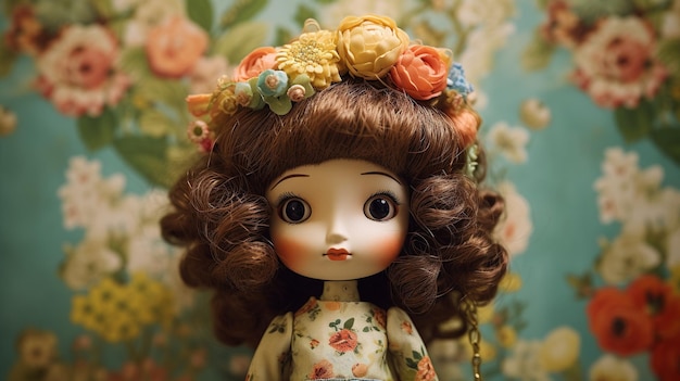 <unk>으로 만든 귀여운 작은 인형은 꽃의 머리을 착용하고 아름다운 옷을 입고 서서 AI를 생성합니다.
