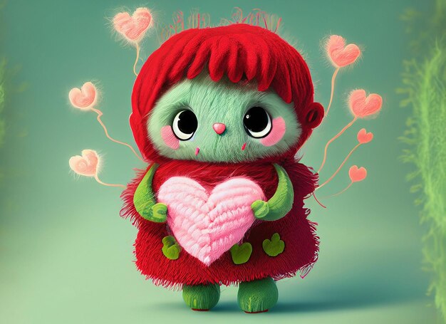 A small cute illustrated fantasy pastel color creature of wool holding a love heart A baby monster from a children's fairy tale