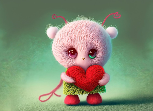 사랑의 심장을 들고 있는 작은 귀여운 그림으로 그려진 판타지 파스텔 색의 양털 생물 어린이 동화의 아기 괴물