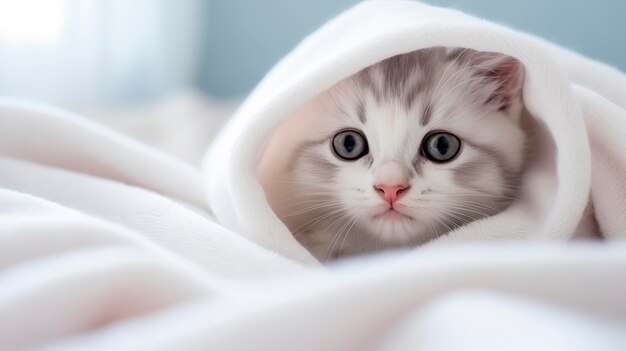 Маленький милый котёнок Лицо котят выглядывает из одеяла