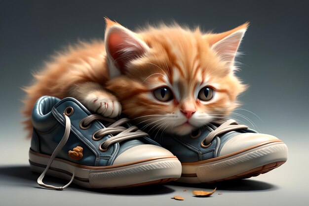 a small cute kitten lies near childrens shoes