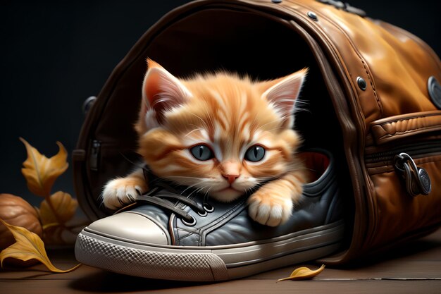 a small cute kitten lies near childrens shoes