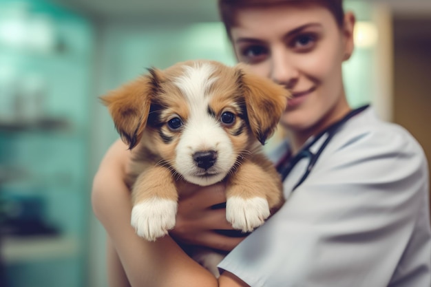 A small cute puppy at a reception in a veterinary clinic with a veterinarian