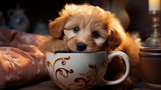 Foto piccolo cucciolo carino che dorme in una tazza di caffè