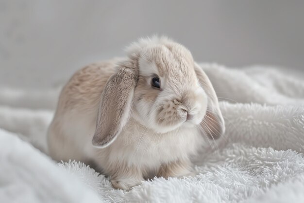 Photo a small cute rabbit sitting on top of a white blanket