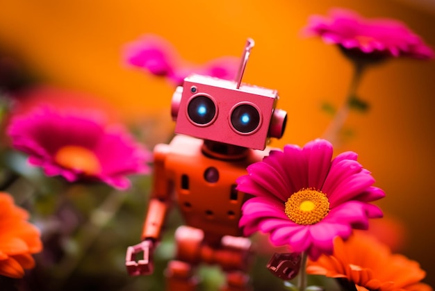 Small cute robot among flowers Generative AI