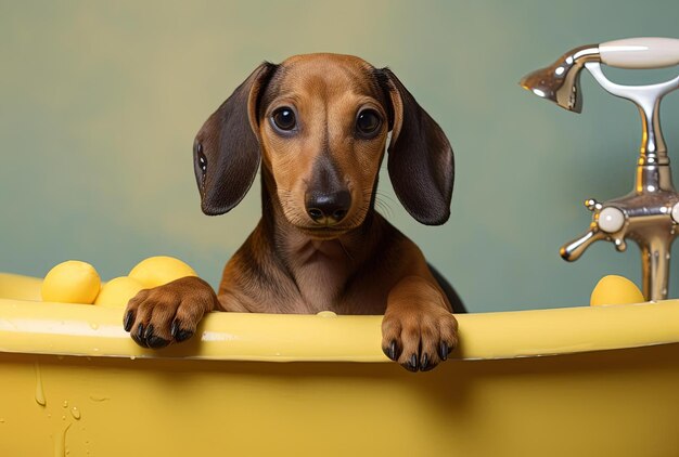 Foto piccolo cane dachshund che è seduto nella vasca da bagno accanto a un'anatra di gomma nello stile di u immagine